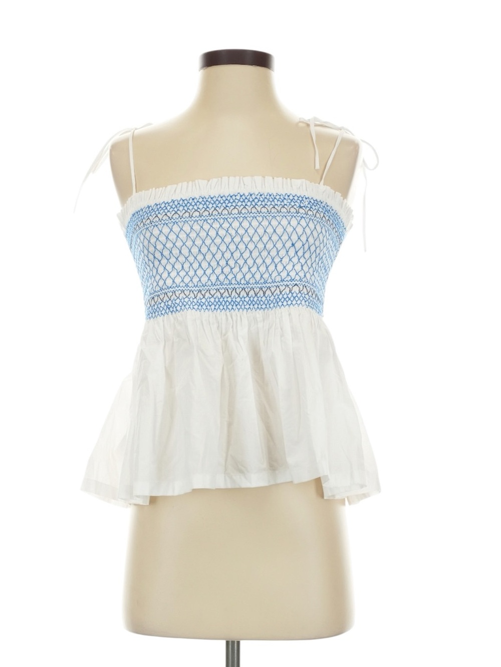 J. Crew Hand Smocked Paloma Top Size Small White Blue Peplum Sleeveless NWT